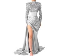 TANPAUL Glitzer Pailletten Abendkleid - Mock Neck Satin Ballkleider Damen Lang Meerjungfrau Brautkleid mit Schlitz Glitzernder Langarm Formale Ballkleid Partykleid
