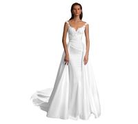 TANPAUL Meerjungfrau Satin Brautkleider Damen Spitze Hochzeitskleider V Ausschnitt Brautmode Standesamt Brautkleid mit Schleppe Weiß 36