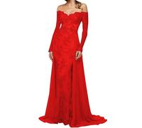 TANPAUL Spitzen Chiffon Schulterfrei Ballkleid Lang Meerjungfrau Langarm Abendkleider Rot 40