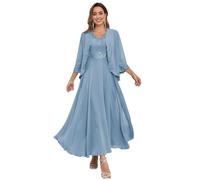 TANPAUL Tee Länge Brautmutterkleider mit Jacke - Damen Große Größen Abendkleider Spitze Festliche Kleider für Hochzeitsgast Staubiges Blau 50