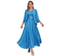 TANPAUL Tee Länge Brautmutterkleider mit Jacke - Damen Große Größen Spitze Festliche Abendkleider für Hochzeit Ozeanblau 52