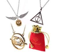 TANSHOP Friendship Halskette Set -3 Stück Cosplay Anhänger Halsketten Heiligtümer des Todes Goldener Schnatz und Roating Time Turner Halskette mit weißen San for Cosplay