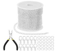 Tanstic 102Pcs 30 Fuß Schmuckherstellung Ketten Halskette Ketten Bulk Kabel Link Kette mit 50Pcs Jump Rings, 50Pcs Lobster Clasps, Zangen für Armband Halskette Making (Silber)