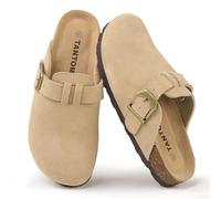 TANTOMI Damen Hausschuhe, Wildleder Unisex Clogs, rutschfeste Hausschuhe Damen Herren Leder mit Fußgewölbeunterstützung, Gartenschuhe Pantoletten Damen mit Weiches Kork Fußbett, Gr.36-42 EU