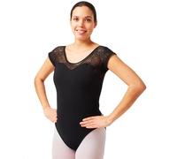 tanzmuster Ballett Trikot Damen Kurzarm - Natalie - Baumwolle - BH-Pad-Einschub - Ärmel aus Spitze geblümt - schwarz 40 - schwarzer Tanz Body - Ballettkleidung für Erwachsene