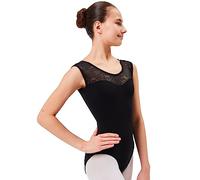tanzmuster Ballettanzug Mädchen ärmellos - Cora - aus weichem Baumwollmaterial mit Spitzeneinsatz vorn Trikot Ballettbody fürs Kinder Ballett in schwarz, Größe:140/146