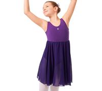 tanzmuster ® Ballettkleid Mädchen ärmellos - Helena - aus weichem Baumwollstoff mit Glitzerstein und Chiffon Röckchen fürs Kinder Ballett Ballettbody, lila, Größe:140/146