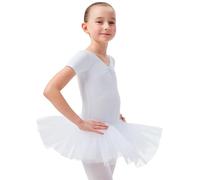 tanzmuster ® Ballettkleid Mädchen Tutu - Nele- aus weichem Baumwollstoff mit Glitzersteinen fürs Kinder Ballett Ballettbody Ballett Trikot, Weiß 116-122