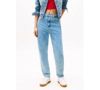 Tapered-fit-Jeans TOMMY JEANS "High waist - Mom-Jeans Tapered", Damen, Gr. 33, Länge 30, blau (denim light), Denim/Jeans, Obermaterial: 99% Baumwolle, 1% Elasthan, Abriebeffekte, Jeans, Mit Tommy Hilf