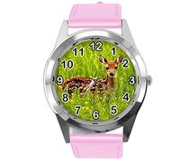 TAPORT Babyrosa Leder runde Uhr für Hirsch-Fans