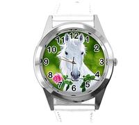 TAPORT® Runde Armbanduhr aus weißem Leder für schöne Pferde-Fans E3