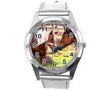 TAPORT Silberfarbene Lederarmbanduhr für schöne Pferde Fans E2