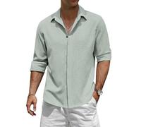 TARAINYA Leinenhemd Herren Langarm Baumwolle Versteckte Schnalle Einfarbiges Freizeithemd Männer Casual Regular Fit Grün 2XL