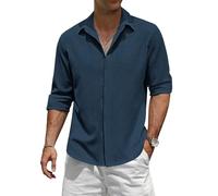 TARAINYA Leinenhemd Herren Langarm Baumwolle Versteckte Schnalle Einfarbiges Freizeithemd Männer Casual Regular Fit Dunkelblau L