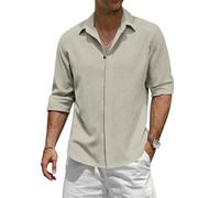 TARAINYA Leinenhemd Herren Langarm Baumwolle Versteckte Schnalle Einfarbiges Freizeithemd Männer Casual Regular Fit Khaiki XL