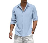 TARAINYA Leinenhemd Herren Langarm Baumwolle Versteckte Schnalle Einfarbiges Freizeithemd Männer Casual Regular Fit Himmelblau 3XL
