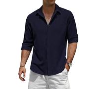 TARAINYA Leinenhemd Herren Langarm Baumwolle Versteckte Schnalle Einfarbiges Freizeithemd Männer Casual Regular Fit Marineblau S
