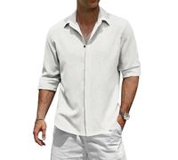 TARAINYA Leinenhemd Herren Langarm Baumwolle Versteckte Schnalle Einfarbiges Freizeithemd Männer Casual Regular Fit Weiß 3XL