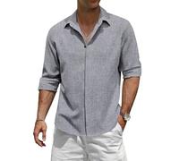 TARAINYA Leinenhemd Herren Langarm Baumwolle Versteckte Schnalle Einfarbiges Freizeithemd Männer Casual Regular Fit Blau Grau L