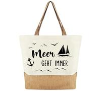 Tarklanda Frauen Jutebeutel mit Spruch Meer geht immer - Jute Stofftasche Maritime Canvas Jute Shopper Damen, Große Strandtasche für Frauen, Geschenk für Strandliebhaber Meerliebhaber Urlaub Sommer