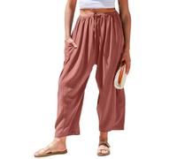 Tarse Damenhose aus Leinen, weites Bein, lässig, lockerer Kordelzug, Sommer, Strand, Reisen, Urlaub, Palazzo, Haremshose mit Taschen, Dusty Rose, X-Groß