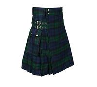 Tartan-Kilt für Herren, Schottenkaro, mit Trägern und großen Cargotaschen, Grün , 38-40