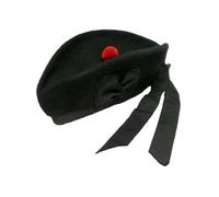 Tartancity Klassische schottische Balmoral-Kappe, 100 % Wolle, traditionelles Design, schwarze Piper-Glengarry-Hüte mit rotem Bommel, Schwarz , 63