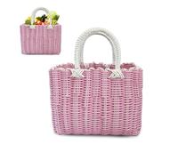 Tasche Einkaufskorb Geflochten, Korbtasche Handtasche, Rosa | Strandtasche Stroh Kunststoff Shopper, Boho Basttaschen Damen Sommer, Wasserdicht Einkaufstasche