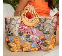 Tasche mit Griff im Blatt- und Blumenmuster, Pailletten- und Stickerei-Detail, gewebte Tasche, perfekt für Sommer, Strand, Reisen, Outdoor, Urlaub, Pi
