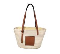 Taschen for Damen, Umhängetasche mit PU-Lederriemen, Baumwollseil, gewebte Tasche, Einkaufstasche mit Reißverschluss, Einkaufstasche, Strandtasche, Freizeittasche, Korbtasche for das Nötigste(Beige)