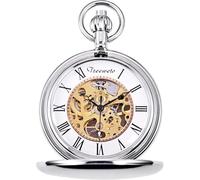 Taschenuhr, Silber/Gold, glattes Gehäuse, Skelett-Zifferblatt, mechanisches Uhrwerk mit Kette + Geschenkbox