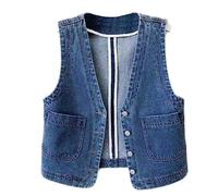 TatbUL Jeansweste Herren,Damen-Jeansweste Im Retro-Stil, Kurz, Blau, Schmal, Gewaschen, Distressed-Jeansweste, Jacke, Einfache Knopftaschen, Jeansjacke, Weste, Lässig, Ärmellose Strickjacke, S