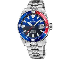 Taucheruhr FESTINA "The Originals/Diver", silber (silberfarben, blau, rot), Armbanduhren, Herren, Armbanduhr,Quarzuhr,Herrenuhr,bis 20 bar wasserdicht, Edelstahlarmband (94761656-0) silberfarben, blau