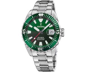 Taucheruhr FESTINA "The Originals/Diver", silber (silberfarben, grün, schwarz), Armbanduhren, Herren, Armbanduhr,Quarzuhr,Herrenuhr,bis 20 bar wasserdicht, Edelstahlarmband (69215636-0) silberfarben,