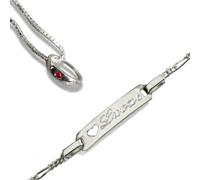 Taufset: Anhänger Taufring mit rotem Stein + Venezianer-Kette+Babyarmband. Gravur Vorname inkl. Armband 13-15cm: Figaro-Glieder-Gravurplatte mit Herz. Sterling Silber 925 gestempelt