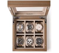 TAWBURY Uhrenetui aus Holz - Uhrenbox aus Holz mit 6 Schlitzen für Damen und Herren mit Glasdisplay, schützende, vollständig gefütterte Innenseite und 5,1 cm breite Kissen für große Uhren (helles