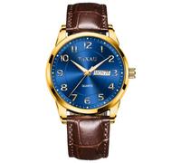 Taxau Braunes Uhren Herren Leder Business Gold Freizeit Armbanduhr Herrenuhr Edel Mit Datums- Und Tagesanzeige Herren Uhr Armband Blaues Zifferblatt Watch Wasserdicht 8405