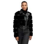Tazzio Damen Jacke mit Biker-Vibe - Fellstreifen und cooler Reverskragen, mit Gürtel (Schwarz, S)