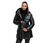 Tazzio Damen Steppmantel mit Kapuze - Lederoptik-Steppmantel mit Taillengürtel F802 (Schwarz, XL)