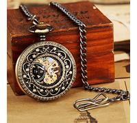 Tbkoly Klassische geformte Taschenuhr, Taschenuhr, Taschenuhr, Retro, hohl, mechanisch, mit FOB-Kette, goldfarbenes Skelett, Steampunk, Vintage, für Herren und Damen, Handaufzug