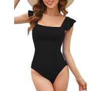 TcIFE Damen-Badeanzug mit Rüschen, Einteiler, Bauchkontrolle, U-rückenfrei, Monokini, Bademode, 1-1-1, Schwarz, XX-Large