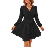 TcIFE Damen Kurz Kleid Langarm Casual V-Ausschnitt Tunika Kleider Einfarbig Rüschen Minikleid Swing Skater Hohe Taille Wickelkleid Chiffon