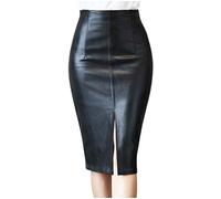 TDEOK Bleistiftrock Lang Schwarz Leder Rock Frauen Sexy Lederrock Mit Schlitz Vorne Midirock Elegant Rock Herbst Winter Röcke Kunstleder Rock Eng High Waist Röcke Große Größen Lederrock S-5Xl