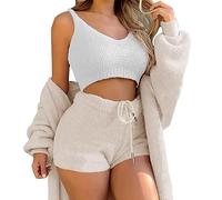 TDEOK Damen 3 Teiliges Pyjama Set: Schlafanzug Teddy Fleece Fluffy Plüsch Pyjama Weiches Kapuzenpullover/Shorts/Crop Top Winter Warm Trainingsanzug Fleece Samt Nachtwäsche Sportanzug Y2K-Hausanzug