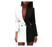 TDEOK Damen Blazer Oversized Zweifarbig Elegant Modern Lang Schwarz Weiß Kariert Stehkragen 52-54 Sommer Festlich Casual Chic