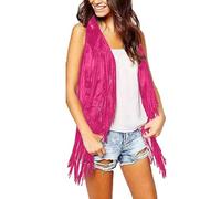 TDEOK Damen Fransenweste Hippie Pink Cowgirl Weste Karneval Ärmellose Jacke Sommer Festival Jacke Revers Freizeitweste Wildleder Fransenjacken Disco Party Tops Karnevalsjacke Outfit Cardigan