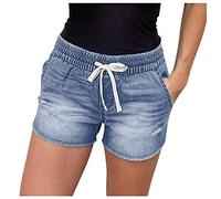 TDEOK Damen Jeans Shorts Mit Gummibund - Kurze Jeanshose Bermuda Damen - Damenjeans Stretch Bermuda Mom Fit Jeanshosen Kurz Short High Waist Hose Baggy Hotpants Kordelzug Hosen Jogging Denim Somme