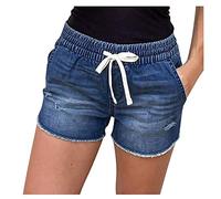 TDEOK Damen Jeans Shorts Mit Gummibund - Kurze Jeanshose Bermuda Damen - Damenjeans Stretch Bermuda Mom Fit Jeanshosen Kurz Short High Waist Hose Baggy Hotpants Kordelzug Hosen Jogging Denim Somme
