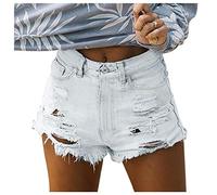 TDEOK Jeans Damen Zerrissen Weiss - Shorts Damen Jeans Y2K - Kurze Jeanshose Stretch Damenjeans Sommer Hotpants Kurz Jeanshosen High Waist Destroyed Vintage Short Sexy Löchern Hose Baggy Hosen