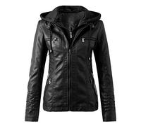 TDEOK Lederjacke Damen Schwarz Kunstleder Jacke Übergangsjacke Mit Kapuze Softshelljacke Outdoor Sweatjacke Warm Winterjacke Vintage Bomberjacke Große Größen Bikerjacke Kunstlederjacke Motorradjacke